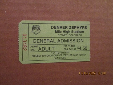 American Association Denver Zephyrs Vintage 1980's General Admission Ticket Stub Cover