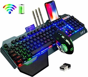 Wireless Gaming Keyboard and Mouse combo RGB Backlit Rechargeable Metal Panel - Picture 1 of 20
