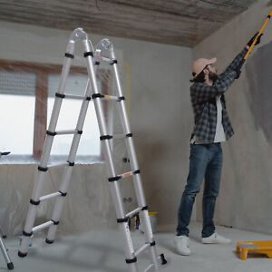 12.5FT Telescopic Folding Ladder Aluminum 1.9m+1.9m A-Frame 3.8m Straight Ladder