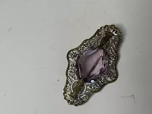 Antike Jugendstil Brosche Anstecknadel Messing Paste Glas Stein Viktorianisch Hell Lavendel - Bild 1 von 2