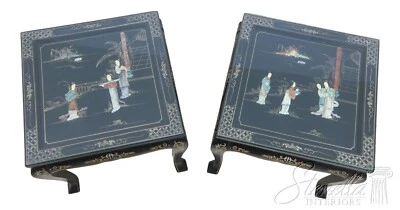 56176EC: Pair Chinese Black Lacquer Decorated Lamp Tables - Image 1 of 4