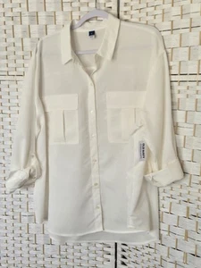 NEW! Womens Old Navy Ivory Button Up Shirt Roll-Tab Sleeves Pockets Size XL - Picture 1 of 4