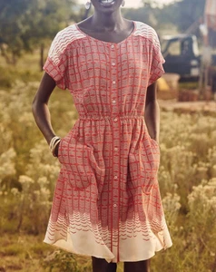 NUOVO abito manica corta Maeve x Anthropologie fit svasato rosso stampa grafica taglia 10 - Foto 1 di 10