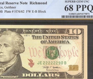 2009 $10 NEAR SOLID SERIAL NUMBER 222222 SUPERB GEM NOTE UNC MONEY PCGS 68 PPQ - Picture 1 of 3