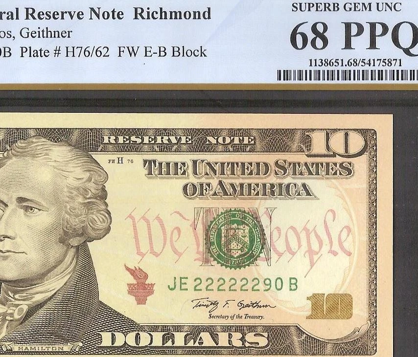 2009 $10 NEAR SOLID SERIAL NUMBER 222222 SUPERB GEM NOTE UNC MONEY PCGS 68 PPQ - Image 1 of 3