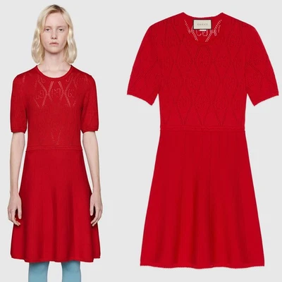 GUCCI DRESS GG PERFORATED RED WOOL SHORT SLEEVES $1,700 sz M MEDIUM - Image 1 of 4