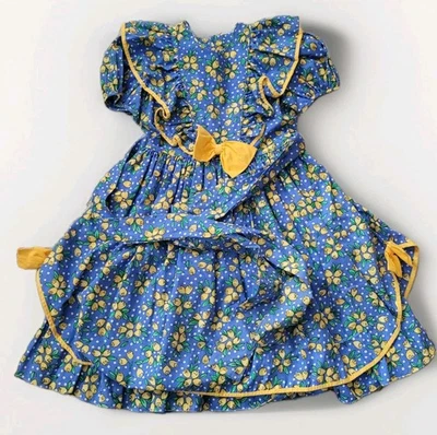 Vestido vintage años 80 Jayne Copeland azul amarillo floral cabaña pradera niñas talla 6 Foto 1 de 4