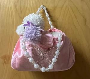 Aurora Puppy Fancy Plush 7” Pink Carrier W/ Beaded Pearl Straps White Poodle - Picture 1 of 11