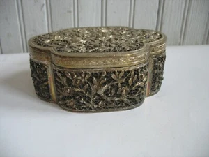 Antique Chinese Hammered Silver Jewelry Box Bird Flower Art Stamped Mark - Picture 1 of 9