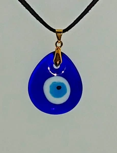 Evil Eye Teardrop Blue Pendant Necklace Medium Lampwork Glass 35mm x 30mm NEW - Picture 1 of 4