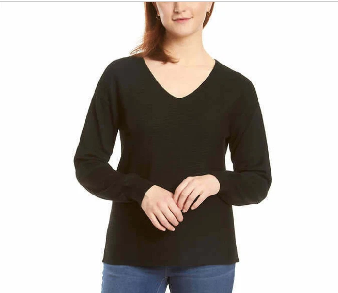 Suéter Ella Moss para mujer cuello en V mangas largas acanalado suave (NEGRO GRANDE) NUEVO CON ETIQUETAS Foto 1 de 1