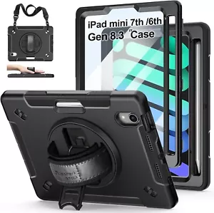 For iPad Mini 6th Gen 8.3 Inch Case 360 Rotating Shoulder Strap Armor- Black - Picture 1 of 8