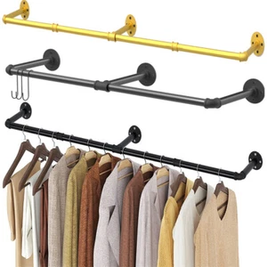 Industrial Pipe Clothes Rack Wall Mounted Hanging Bar Garment Rail Detachable - Picture 1 of 16
