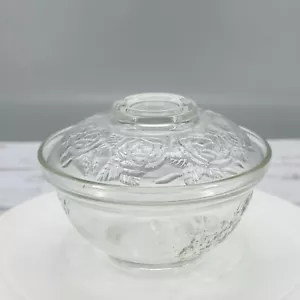 Vintage Butter Dish With Lid Candy Trinket Dish Pressed Glass, Rose Pattern - Foto 1 di 10