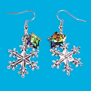 12pc wholesale lot SILVER SNOWFLAKE EARRINGS vitrail rainbow star Christmas 3V - Picture 1 of 5