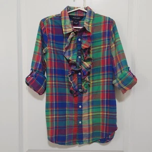 Ralph Lauren Girls 8 Plaid Ruffle Front Button Up Flannel Shirt Roll Tab Sleeve - Picture 1 of 9