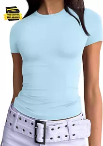 Womens Basic T Shirts Summer Outfits 2025 Scoop Neck Short Sleeve Crop Tops Slim - Picture 1 of 5