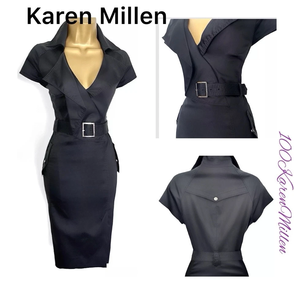 Karen Millen UK 8 VINTAGE BLACK SAFARI BELTED TRENCH SHIRT DRESS - Image 1 of 4