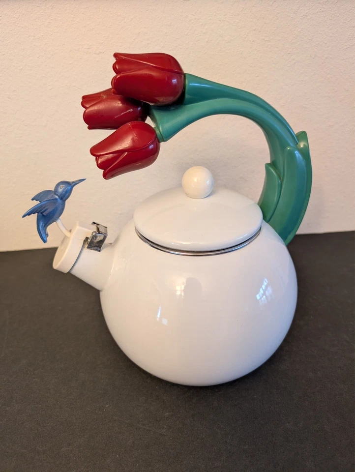 Ancona Kettle Hummingbird, Tulips Enamel Red, White, Blue &Green Teapot 1995 VGC - Image 1 of 4