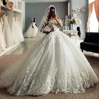 Long Sleeves Wedding Dresses Lace Applique Off The Shoulder Tulle Bride Gown - Image 1 of 4