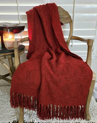 Rare POTTERY BARN COTTON RICH CHENILLE THICK FRINGE THROW BLANKET RED 50 X 60 - Image 1 of 4