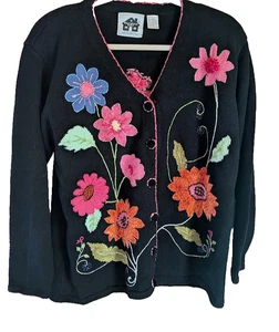 Vintage Storybook Knits Cardigan Sweater L Applique Beaded Flowers Artsy Cottage - Picture 1 of 8