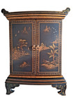 Vintage Asian Chinoiserie Jewelry Chest Black Lacquer Cabinet Brass Hardware-14"