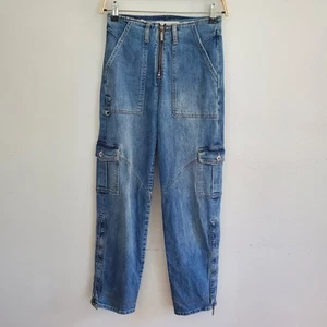 Jonathan Simkhai Payton Denim Cargo Jeans 24 Mid Rise Straight Leg Zipper Hem - Picture 1 of 17
