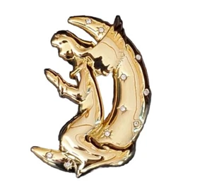 "Broche Ángel Luna Creciente Pin Tono Oro Piedras Transparentes Cristales 2" - Imagen 1 de 6