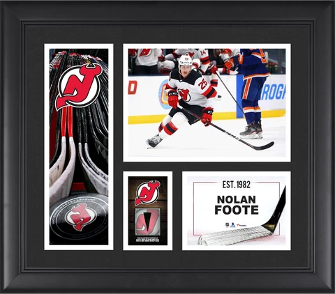 Nolan Foote Devils FRMD 15" x 17" Player Collage with a Piece of GU Puck Cover
