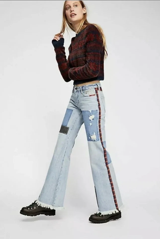 We The People Slim Flare in Blue Mix Plaid Studded Patchwork Jeans 27