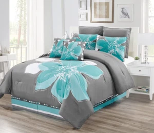 - 8 - Piece Aqua Blue, Grey, White Floral Comforter Set King Size Bedding + Acce - Picture 1 of 2