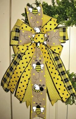 10 " BUMBLEBEE WIRED FARMHOUSE BOW for WREATH MAIL FENCE  # 176 - B  rb - Image 1 of 3