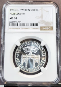 1983 SWEDEN SILVER 100 KRONOR PALIAMENT HOUSE NGC MS 68 RARE TOP POP - Picture 1 of 3