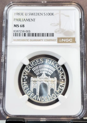 1983 SWEDEN SILVER 100 KRONOR PALIAMENT HOUSE NGC MS 68 RARE TOP POP - Image 1 of 3