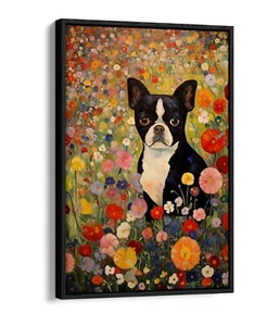 KLIMT FRENCH BULLDOG & FLOWERS 2 -FLOAT EFFECT FRAMED CANVAS WALL ART PRINT - Picture 1 of 8