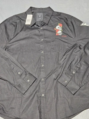 Guess Shirt Mens Extra Large Button Skulls Rose Grunge Goth Black Long Sleeve - Image 1 of 4