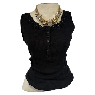 Vintage Together Black Bodysuit Buttoned Lace Trim 80s Tank Top 100% Cotton - Image 1 of 4