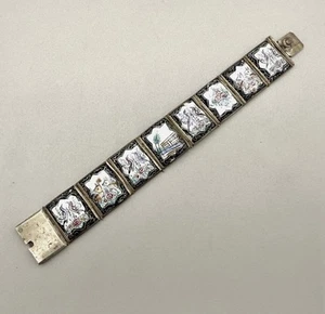 Vintage persisches silberfarbenes Emaille Armband Vögel Blumen malerische Platten 8 Zoll - Bild 1 von 8