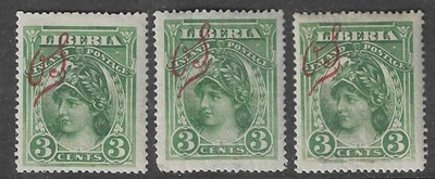 Liberia 1903, 3c inland Postage official, 3 copies, all watermarked letters #O43 - Image 1 of 2