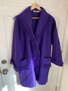 Vintage 80s 90s Gallery 100% Wool Purple Fringe Oversized Blanket Coat M - Picture 1 of 13