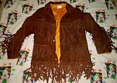 CHAQUETA VINTAGE AÑOS 60 70 HIPPY PESADA GAMUZA FLECOS CREACIONES 42 cuero marrón Foto 1 de 4