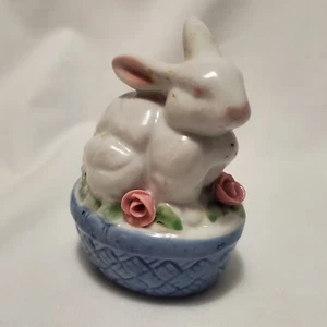 Vintage White Bunny Sitting On Woven Basket Figurine Made in China - Picture 1 of 6