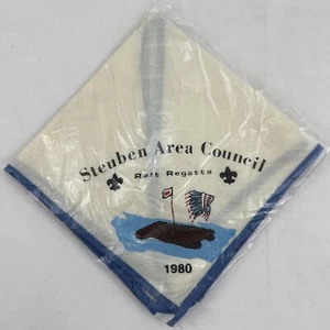 BSA Boy Scouts 1980 Steuben Area Council Raft Regatta Neckerchief White w Blue T - Picture 1 of 3