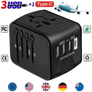 Universal Travel Adapter Worldwide Multi Plug UK EU AU US 3 USB Type C charger - Picture 1 of 12