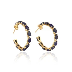 Dainty Pear Shape Blue Lapis Lazuli Gold Plated Prong Set Push Back Hoop Earring - Picture 1 of 4