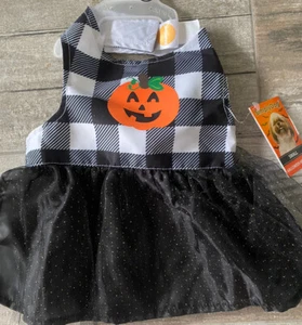 SIMPLY WAG BLACK & WHITE CHECK ORANGE PUMPKIN Halter DRESS Puppy/Dog medium - Picture 1 of 2