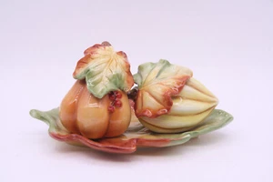 Fitz and Floyd "Bountiful Harvest" Pumpkin Salt and Pepper w/ Leaf Tray 3-piece - Picture 1 of 14