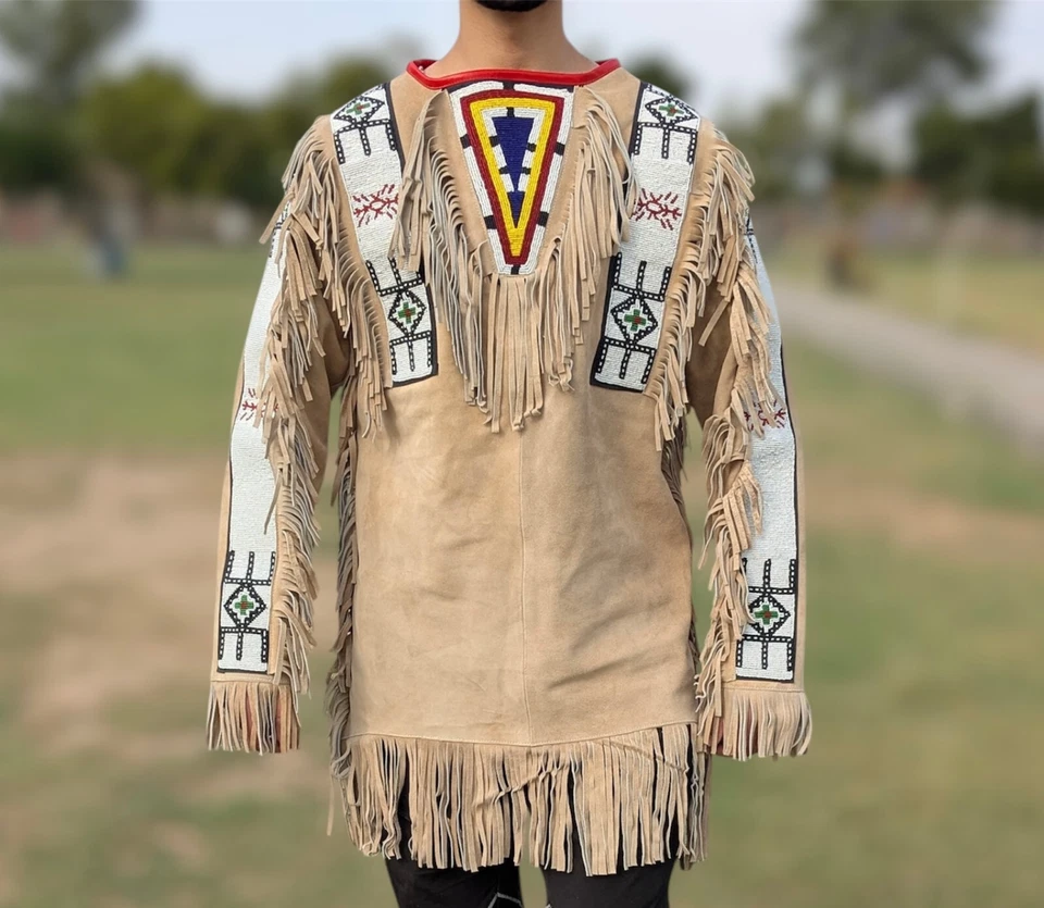 Western Men's Beige Suede Fringe War Shirt with Native‑Style Beaded Detailing - Image 1 of 4