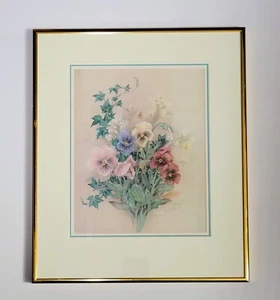 Lena Liu Signed L.E. Art Pansies & Ivy Lithograph Framed COA /2500 15.6x13 EUC! - Afbeelding 1 van 12